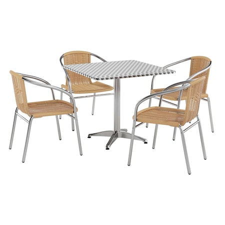Flash Furniture Square Table Set, Aluminum, Plastic, Rattan, Stainless Steel, Grey TLH-ALUM-32SQ-020BGECHR4-GG