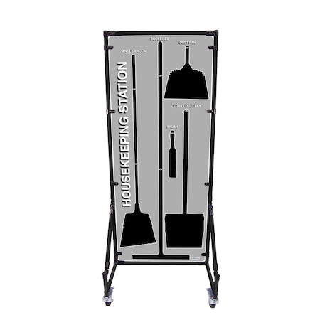 5S Supplies 5S Housekeeping Shadow Board Broom Station Version 14 - Gray Board / Black Shadows  With Broom HSB-V14-GRAY/BLACK-KIT