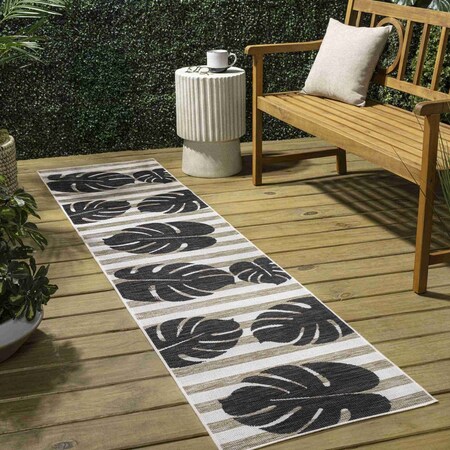 Jonathan Y Allison Classic Beach Stripe and Monstera Leaf Black/Beige 2 ft. x 8 ft. Indoor/Outdoor Runner Rug TSN400A-28
