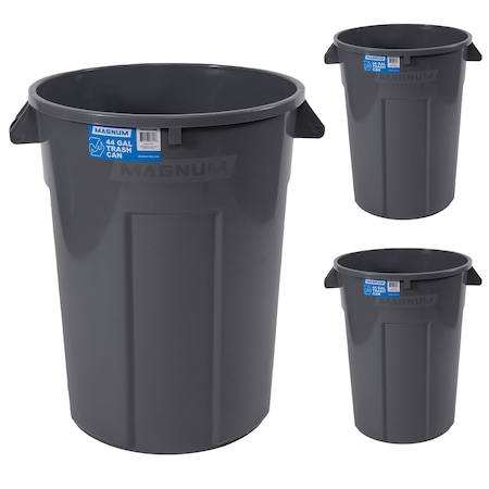 Magnum Tool Gray 44 Gallon Trash Can, Construction Grade, Heavy Duty Plastic (3 Pack) CMTC-C000-44G03