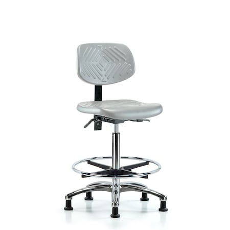 Blue Ridge Ergonomics Poly Chair Chrome-High Bench Ht with Seat Tilt, Chrome Foot Ring, & Stationary Glides in Gray Poly PHBCH-CR-T1-A0-CF-RG-GRY
