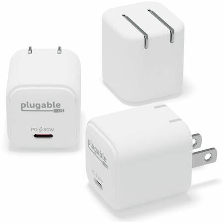 Plugable GaN USB C Charger Block, 30W Portable Charger, Foldable Prongs, for iPhone 14, iPad Pro, PS-30C1W-3X