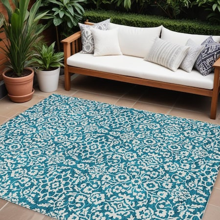 Homeroots 9' X 12' Teal Blue And Ivory Damask Washable Indoor Outdoor Area Rug 595197