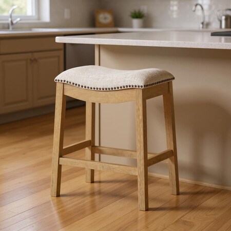 Homeroots 26" Beige and Natural Fabric and Solid Wood Backless Counter Height Bar Chair 632506