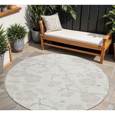 Homeroots 8' Ivory And Gray Round Floral Washable Indoor Outdoor Area Rug 599894