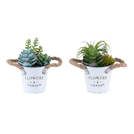 Monarch Specialties Artificial Plant, 7-in. Tall, Succulent, Table, White Metal Pots, Contemporary, Modern, 2PK I 9361