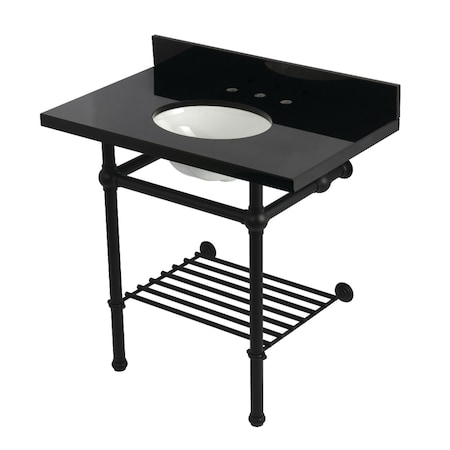 Kingston Brass 36" Black Granite Console Sink with Brass Legs and Shelf, 8-Inch, 3-Hole, Black Granite/Matte Black KVPK36KBB0