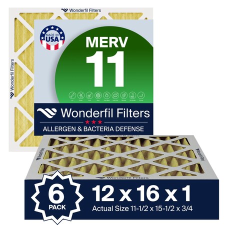 Wonderfil Filters 12X16X1 MERV 11 Air Filter, Pleated HVAC Design, Perfect Fit for AC and Furnace Systems, 6PK AF12X16X1M11P6