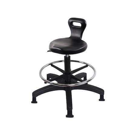 Blue Ridge Ergonomics Poly Serpent Stool - Medium Bench Height with Chrome Foot Ring & Stationary Glides in Black Poly PSPMBSL-RG-CF-RG-BLK