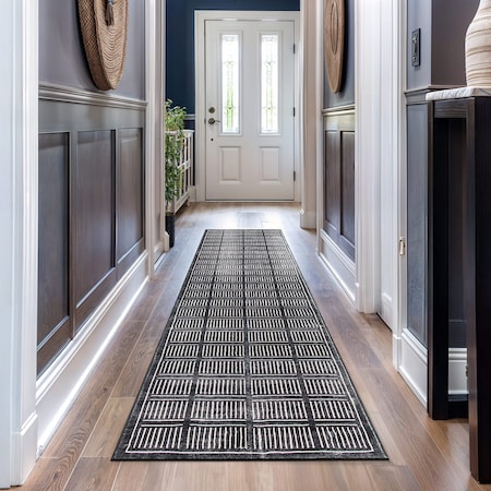 World Rug Gallery Bohemian Stripe Lines Washable Non Slip Runner Rug 2 ft x 10 ft Black WR68BLACK2X10