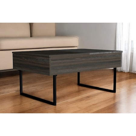 Homeroots 39" Espresso And Black Wood And Metal Lift Top Coffee Table With Drawer 535055