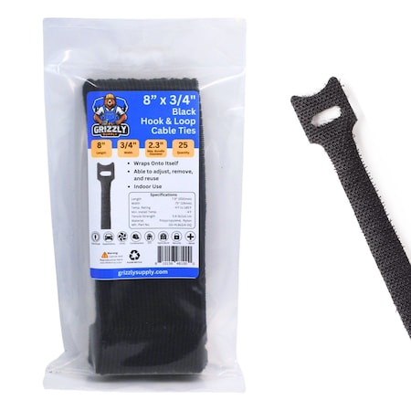 Grizzly Supply Self-Gripping Cable Tie, 8 in L, 0.75 in W, Hook and Loop Closure, Reusable, Black, 25PK GS-HL8x3/4-0Q