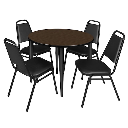 Regency Round Kahlo Breakroom Table W/ 4 Restaurant Stack Chairs, 36 in W, 36 in L, Neo Walnut TPL36RNDNWBK29BK