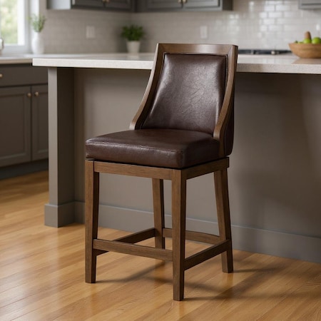 Homeroots 26" Brown Faux Leather and Solid Wood Counter Height Swivel Bar Chair 632455