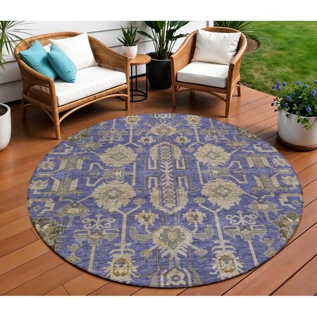 Homeroots 8' Purple Beige And Taupe Round Oriental Washable Indoor Outdoor Area Rug 582124