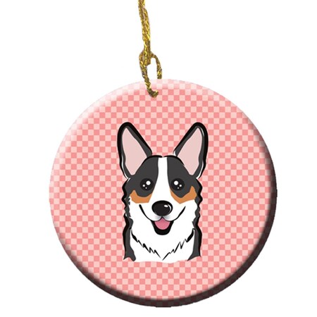 Carolines Treasures Checkerboard Pink Corgi Ceramic Ornament- 2.81 In. BB1255CO1