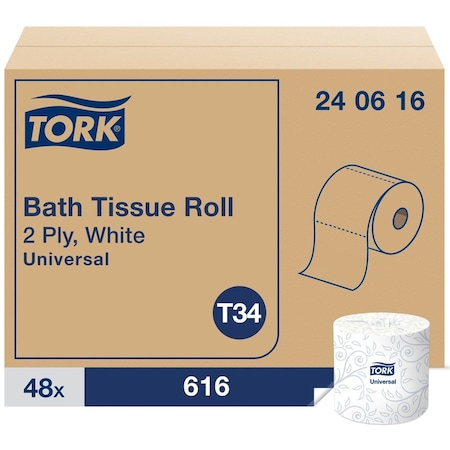 Tork Tork Toilet Paper Roll White T34, Universal, 2-ply, 48 x 616 sheets, 240616, PK48 240616