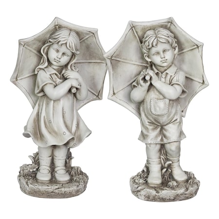 Exhart Resin Stone 18.7 in. Boy and Girl with Umbrella Statue 54895