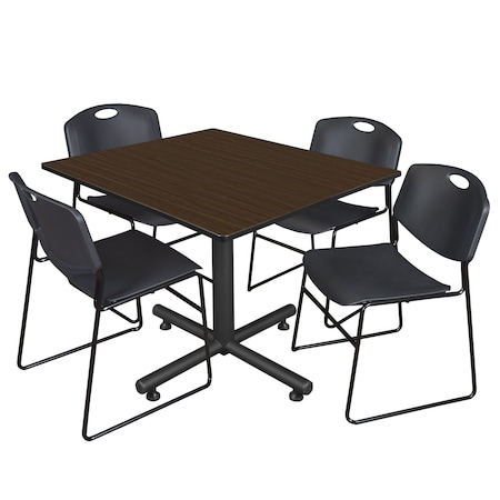Regency Square Kobe Breakroom Table W/ 4 Zeng Stack Chairs, 48 in W, 48 in L, Neo Walnut TKB4848NW44BK