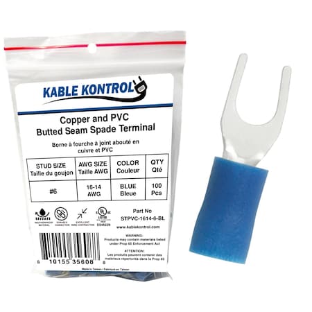 Kable Kontrol Copper and PVC Butted Seam Spade Terminal, 16-14 AWG, Stud Size # 6, Blue, 100 Pcs, 100PK STPVC-1614-6-BL