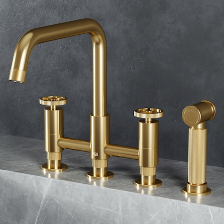 Vigo Cass Two-Handle Widespread Bridge Kitchen Faucet with Side Sprayer in Matte Brushed Gold VG02051MG