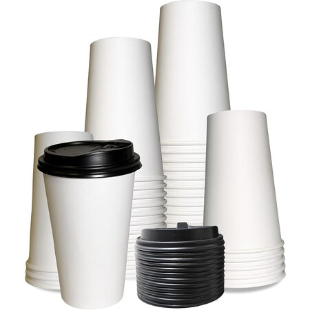 Ecoquality 20oz White Disposable Paper Coffee Cups with Black DomeLids - For Office, and Latte, 25PK EQ20WPCBDL-25