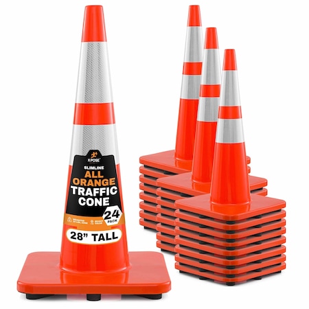 Xpose Safety 28 Inch Orange Slim Line Traffic Cones Heavy Duty 10lb with 6in and 4in Collars, DOT Approved, 24PK AOTC28SL-64-10L-24-X