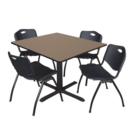 Regency Square Cain Breakroom Table W/ 4 M Stack Chairs, 48 in W, 48 in L, Noble Oak TB4848NO47BK