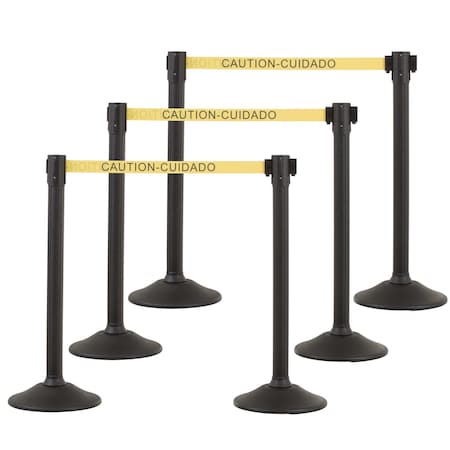 Black Plastic Stanchion for Crowd Control with 6.5' Caution Retractable Black Barrier Belt, 6PK