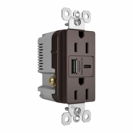 Legrand radiant USB Outlet, 15 A, 125 V, Type A, C USB, NEMA: NEMA 5-15R, Dark Bronze R26USBAC6DBCCV4