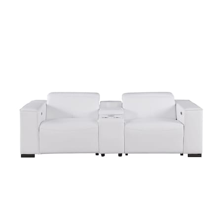 Homeroots 93in White and Brown Leather Power Reclining Loveseat With Storage 720543