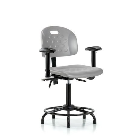 Blue Ridge Ergonomics Poly Chair with Round Tube Base-Med Bench Height with Seat Tilt, Adj Arms, &Stat Glides in Gray Poly HPMBCH-RT-T1-A1-RG-GRY