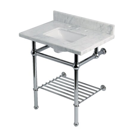 Kingston Brass 30-Inch Carrara Marble Console Sink with Brass Legs and Shelf, 8-Inch, 3-Hole KVPB30MBSQB1