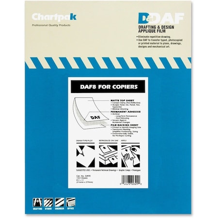 Chartpak Applique Drafting Film, DAF8, Permanent, 11"L X 8-1/2"W, 100/Box DAF8
