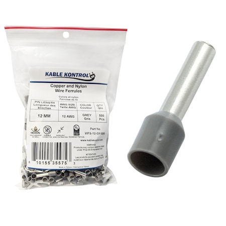 Kable Kontrol Wire Ferrules, Nylon Insulated, Single, 12 AWG, Pin Size 12 mm, Gray, 500 Pcs, 500PK WFS-12-GY-500