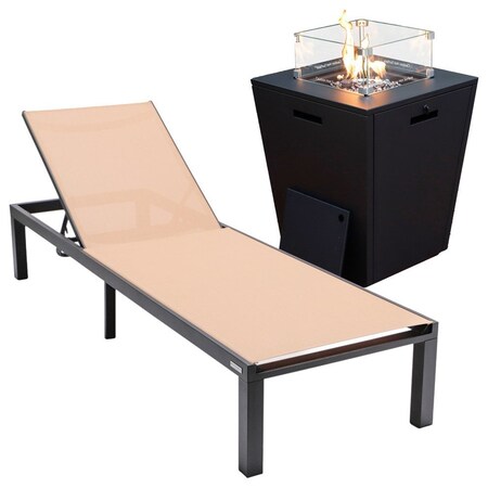 Leisuremod Marlin Black Aluminum Patio Chaise Lounge Chair with Square Fire Pit Table, Light Brown MLBLCF21-77LBR