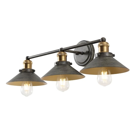Jonathan Y July 26.5" 3-Light Industrial Farmhouse Metal Vanity Light, Rustic Dark Gray/Brass Gold JYL7428D