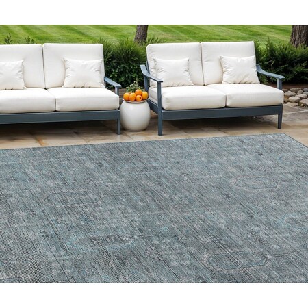 Homeroots 8' X 10' Teal Blue And Gray Southwestern Washable Indoor Outdoor Area Rug 587089