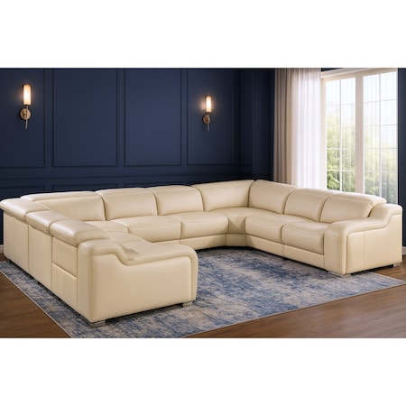Homeroots Beige Italian Leather Power Reclining U Shaped Eight Piece Corner Sectional With Console 632575