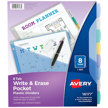 Avery Write & Erase Pocket Plastic Dividers, 8-Tab Set, Multicolor 16177