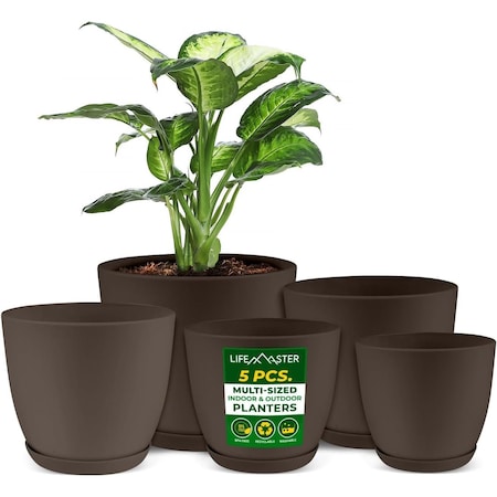 Lifemaster Planter Pots with Drainage Holes, Lightweight, Durable, Space-Saving, Brown, 5PK LMFLOPBRN55