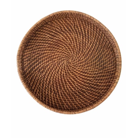 Homeroots 18in Brown Round Rattan Indoor Outdoor Handmade Tray With Handles 476489