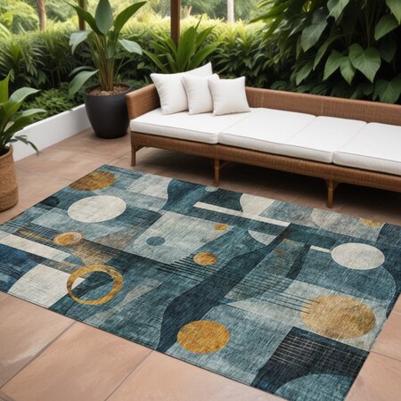 Homeroots 10' X 14' Teal Blue Ivory And Gold Geometric Washable Indoor Outdoor Area Rug 604511