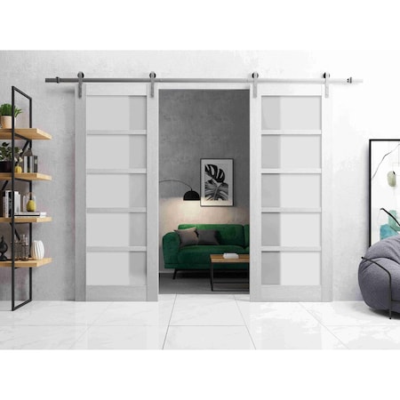 Sartodoors Sturdy Double Barn Door with Frosted Glass Grey 48x80 (2* 24x80) Solid Core Modern Interior QUADRO4002DB-S-OAK-48