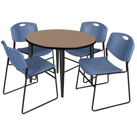 Regency Round Kahlo Breakroom Table W/ 4 Zeng Stack Chairs, 42 in W, 42 in L, Noble Oak TPL42RNDNOBK44BE