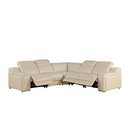 Homeroots Beige Italian Leather Power Reclining Curved Five Piece Corner Sectional 544975