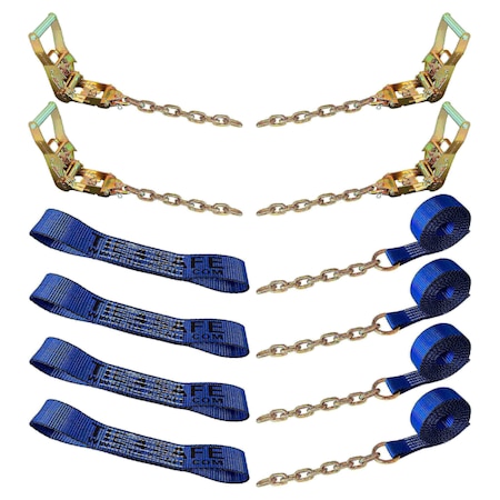 Tie 4 Safe 8 Point Roll Back Tie Down Kit w/ Chain Ends for Car Hauler Carrier Tow Truck. Blue RT04CK-715-516-8P-14-BLU