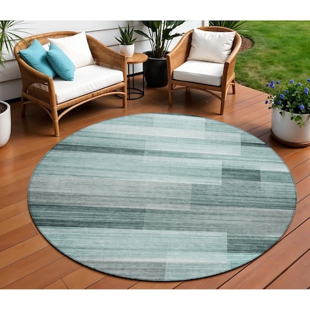 Homeroots 8' Teal Blue And Ivory Round Striped Washable Indoor Outdoor Area Rug 631001