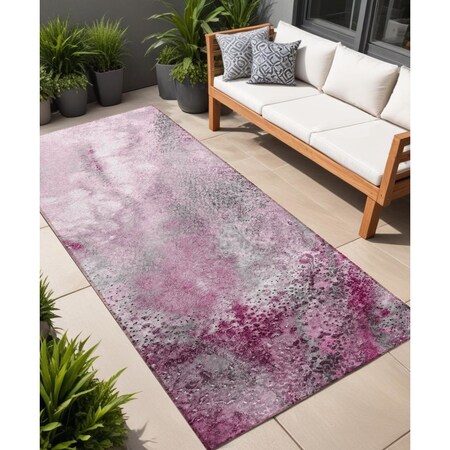 Homeroots 8' Runner Pink Abstract Washable Non Skid Indoor Outdoor Runner Rug 559596
