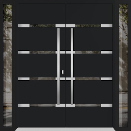Vdomdoors Aluminum Double Doors Deux 1105 Black Enamel Mirrored Clear Glass 2 Sidelights Entry Modern Painted DEUX1105DEXD-BLK-W12+72+12xH96-RH-I
